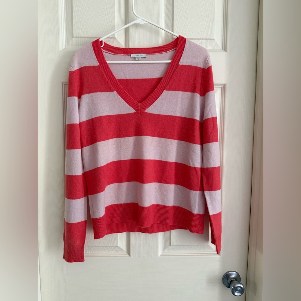 Garnet Hill V-Neck Sweater - Red and Pink Stripes